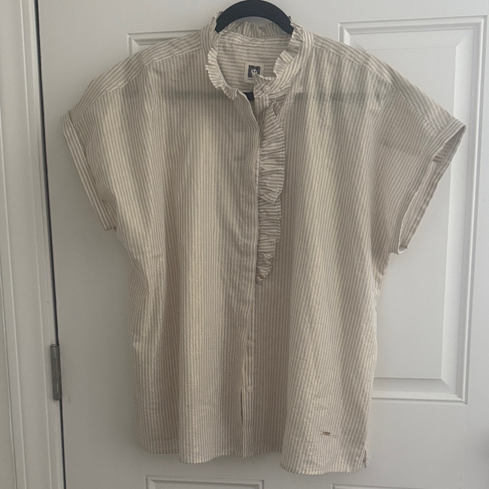 NWT Anne Klein Cream and Beige Striped Ruffle-Front Casual Shirt